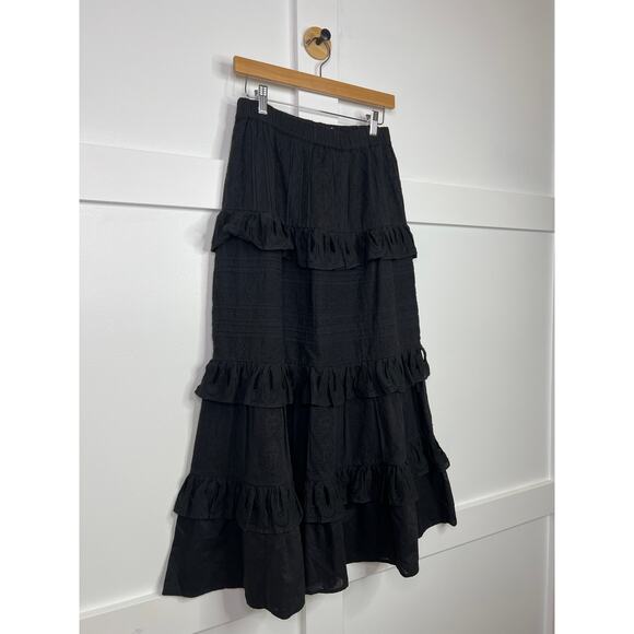NEW Figue Elastic Waist Ruffle Tiered Eyelet Black Midi Skirt Size: Small - Picture 3 of 7